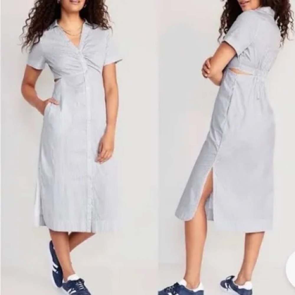 Old Navy Light Blue & White Striped Midi Shirt Dress